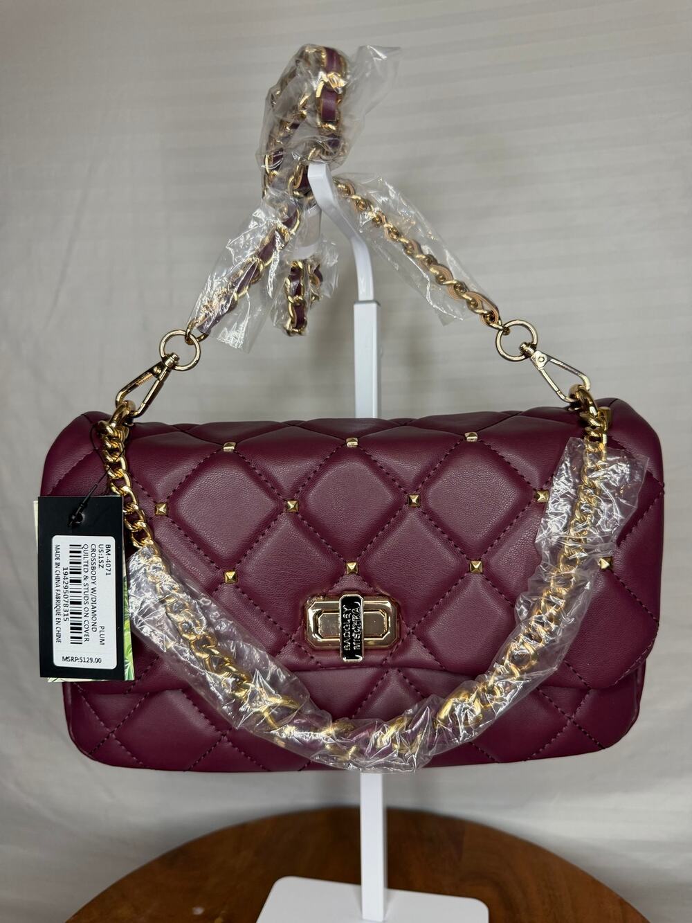 Badgley Mischka Plum Quilted Studded Crossbody Bag Gold Chain NWT Shoulder Bag